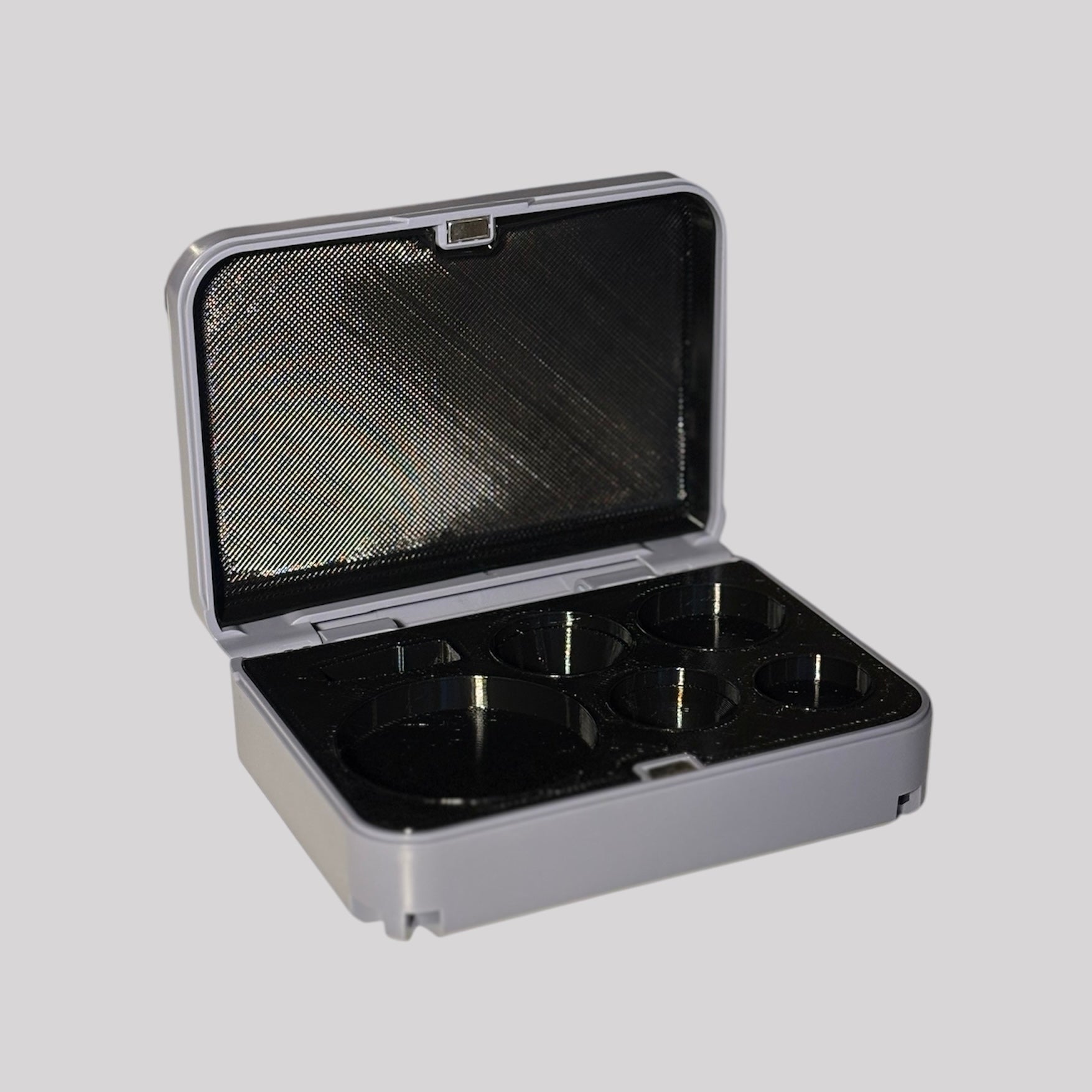 Custom Volk lens case with gray exterior and black interior for ophthalmologists and optometrists