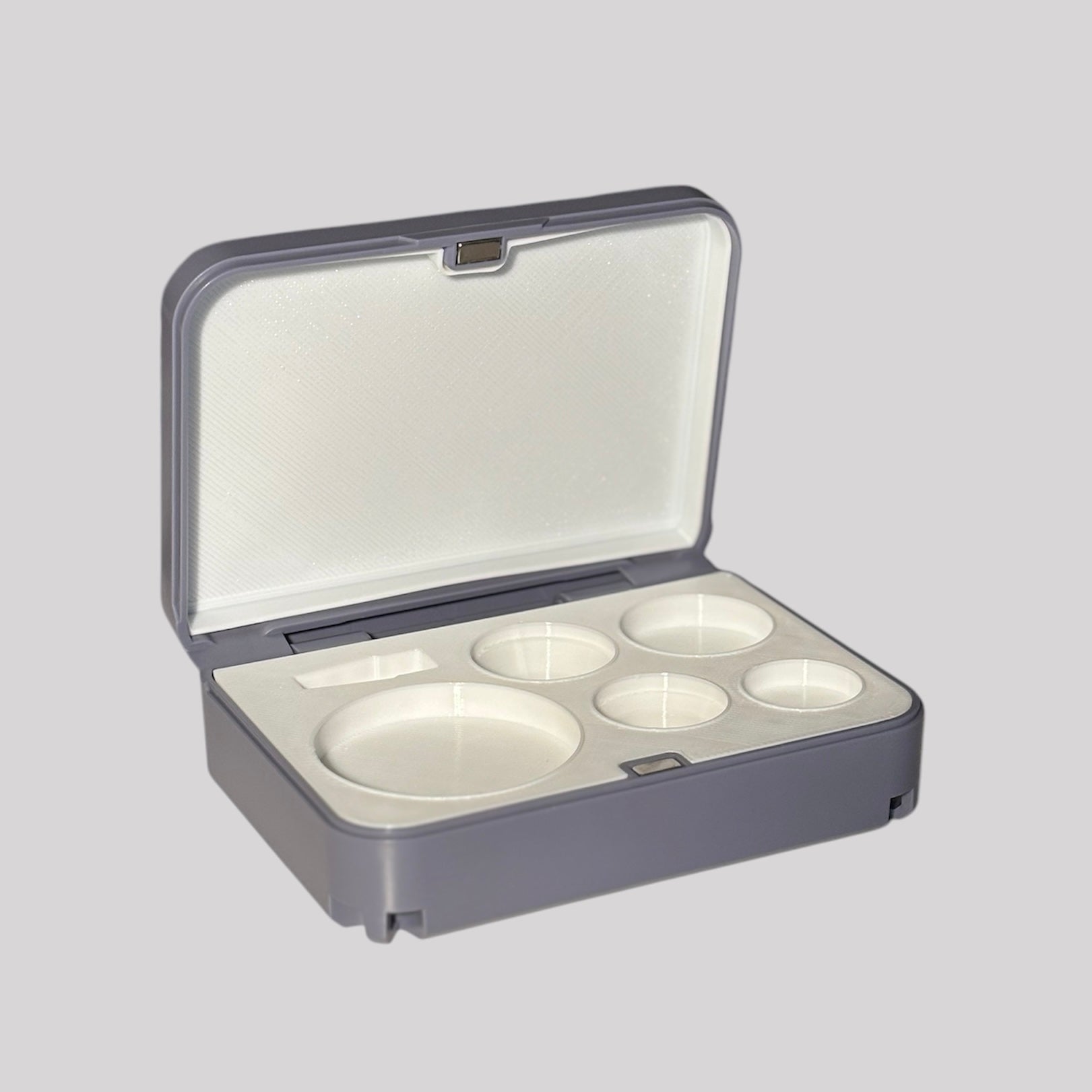 Custom Volk lens case with gray exterior and white interior for ophthalmologists and optometrists