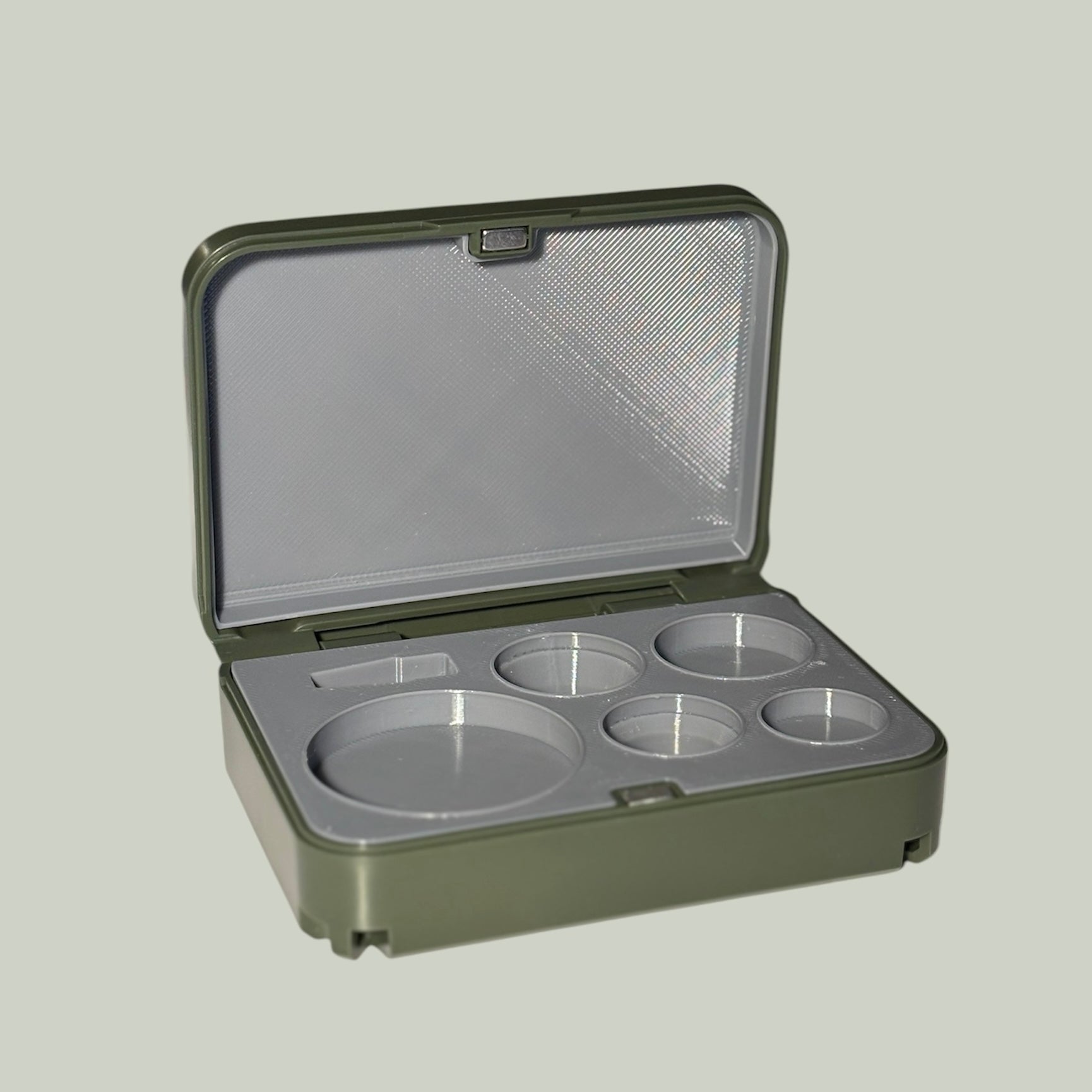 Custom Volk lens case with green exterior and gray interior for ophthalmologists and optometrists