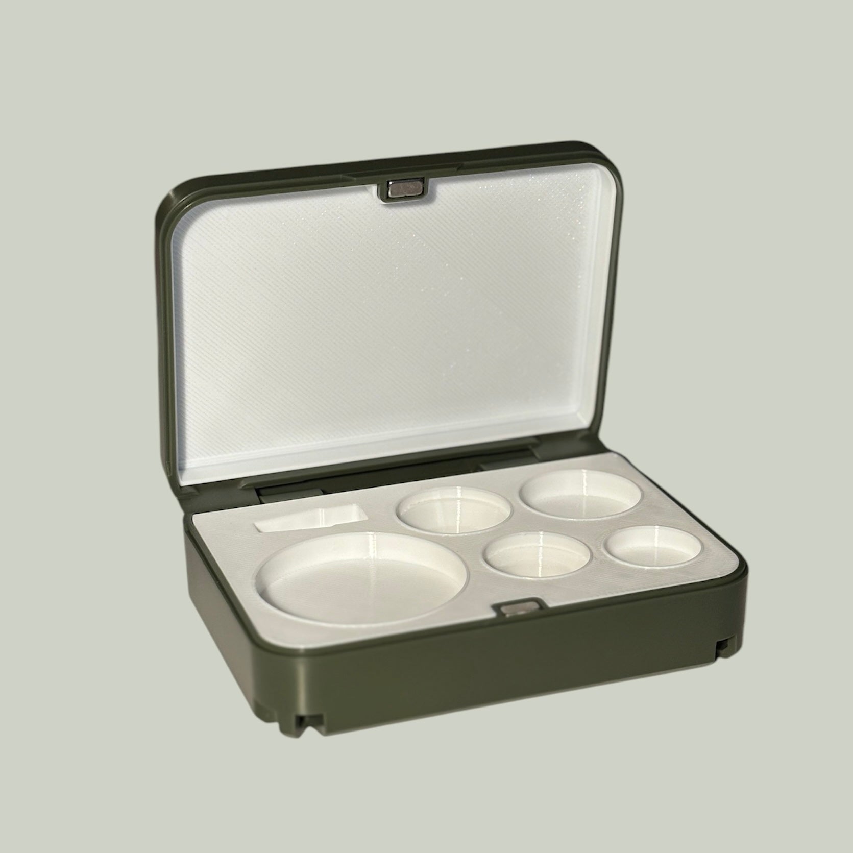 Custom Volk lens case with green exterior and white interior for ophthalmologists and optometrists