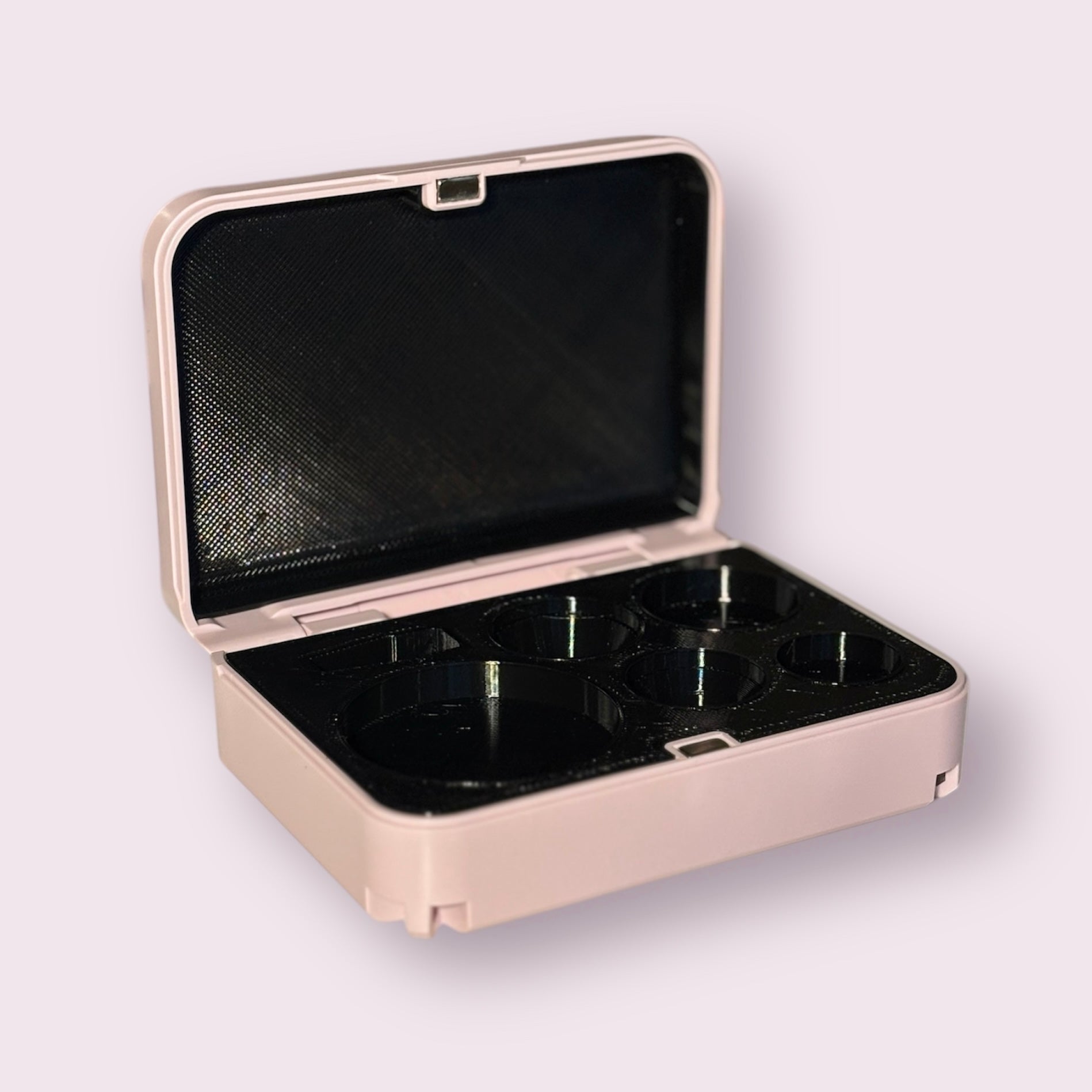 Custom Volk lens case with pink exterior and black interior for ophthalmologists and optometrists