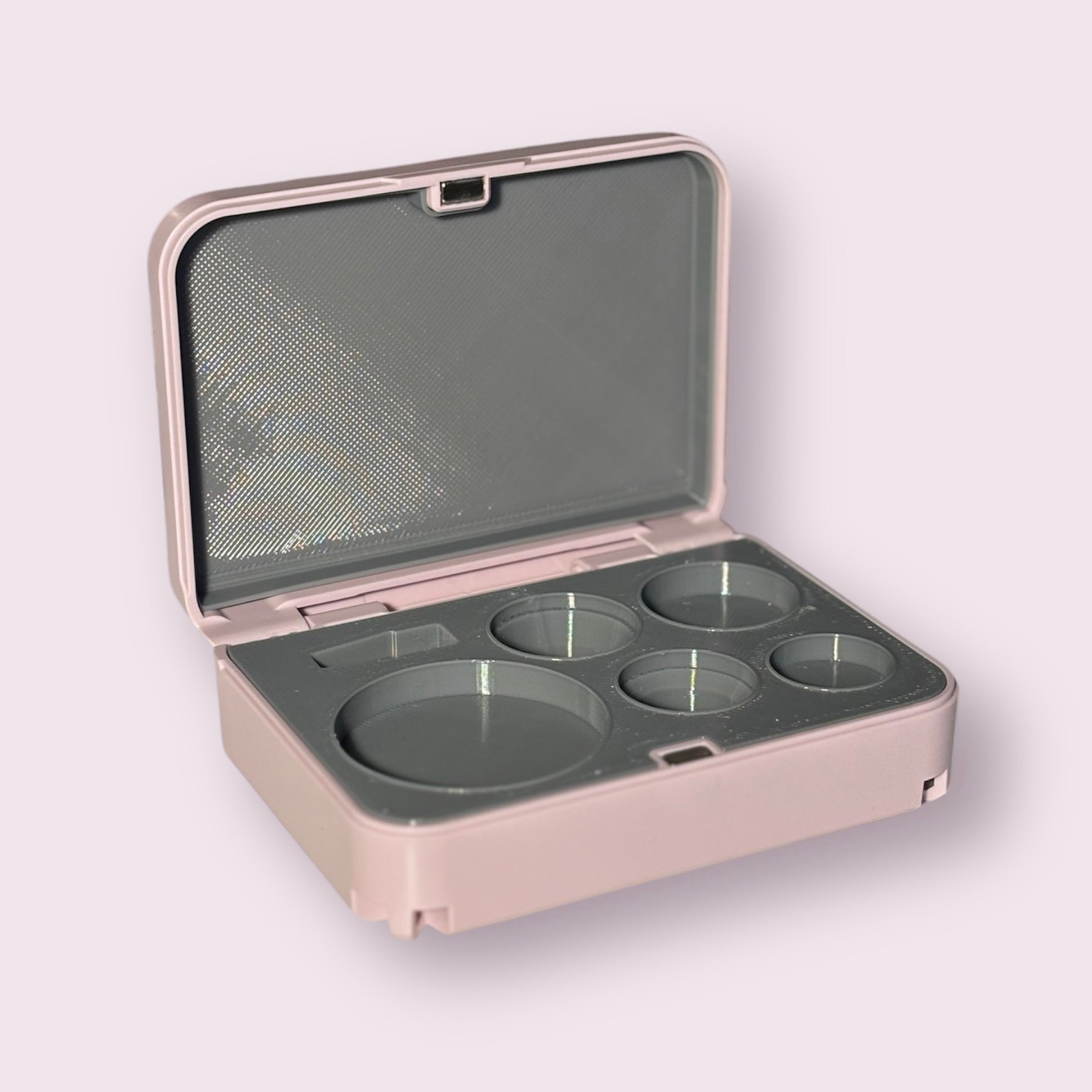 Custom Volk lens case with pink exterior and gray interior for ophthalmologists and optometrists