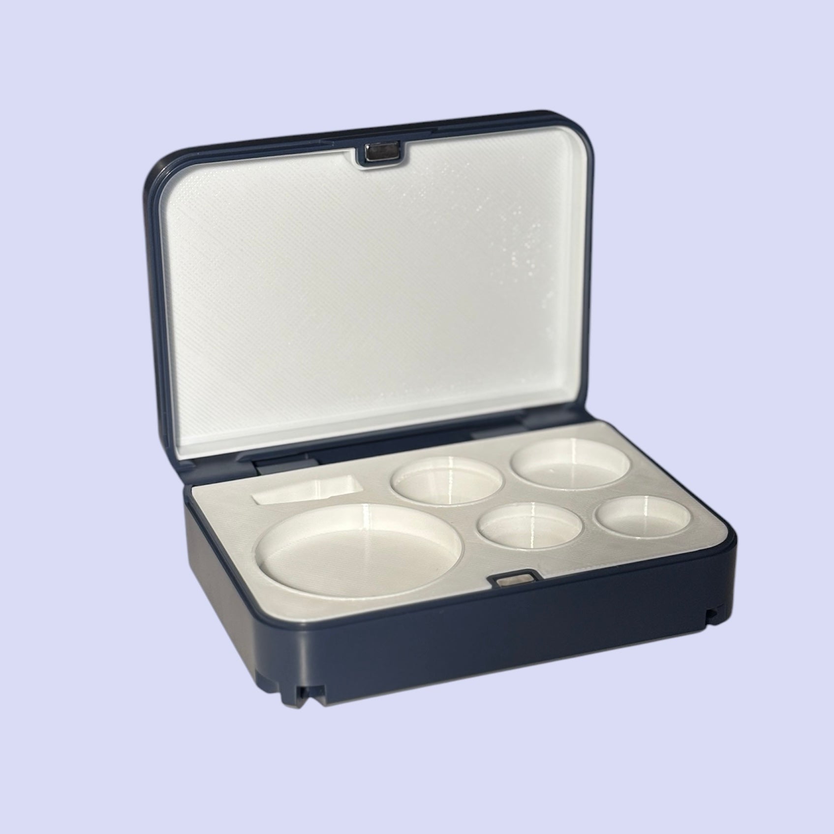 Custom Volk lens case with navy exterior and white interior for ophthalmologists and optometrists